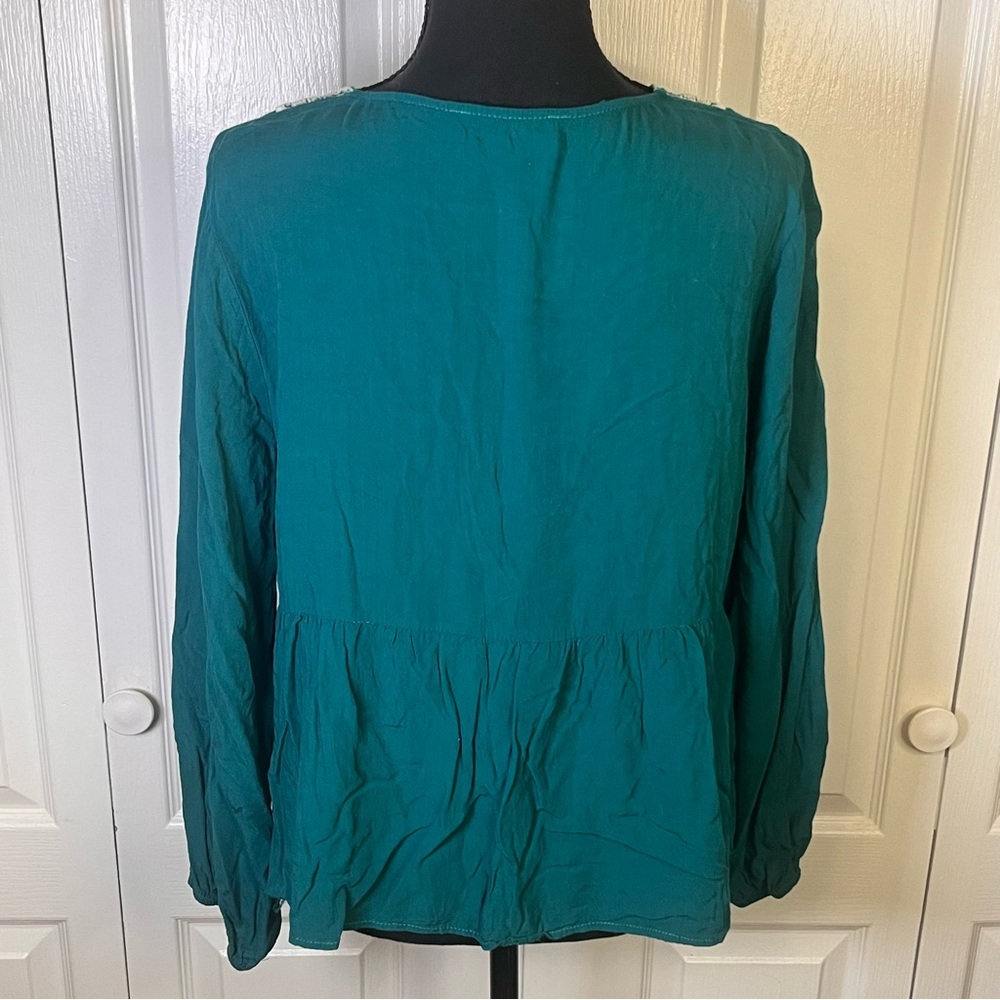 Savanna Jane Blouse Sz L Rayon Embroidered Boho Peasant Cottagecore Floral Teal - Picture 7 of 9